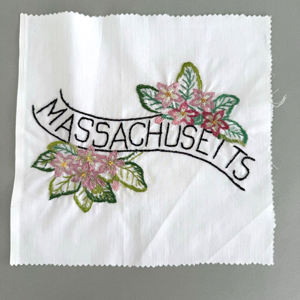 Massachusetts Embroidered Quilted Square Frameable Art State Needlepoint VTG